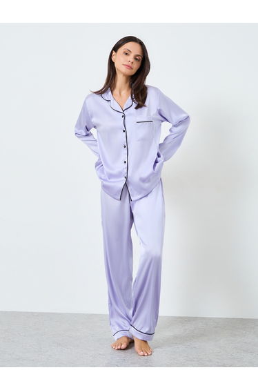 Matte Satin Piped Detail Pocket Shirt and Pyjama Set
