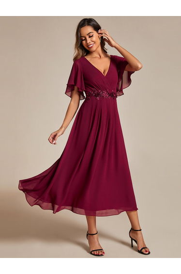 ever DAHLIA|Short Sleeves V-Neck Tea Length Wedding Guest Dress with Floral Applique