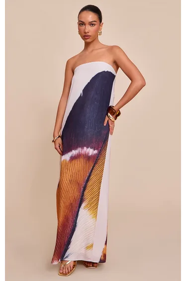 فستان ماكسي بقصة مستقيمة بأكتاف مكشوفة بطبعة لون بيج