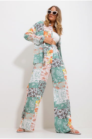 Women's Mint Patterned Shirt And Trousers Bottom Top Woven Suit