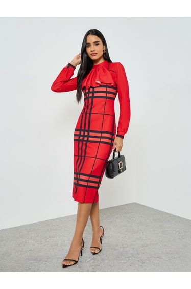 Red Checked Long Sleeve Bodycon Midi Dress