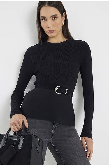 Black Knitted Long Sleeve Belted Peplum Top