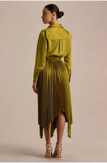 فستان قميص ماكسي ساتان - أخضر