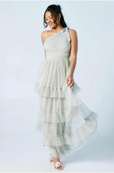 Pleated Mesh One Shoulder Tiered Bridesmaids Dress
