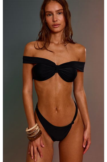 Black Ruched Knot Side Tanga Bikini Bottom