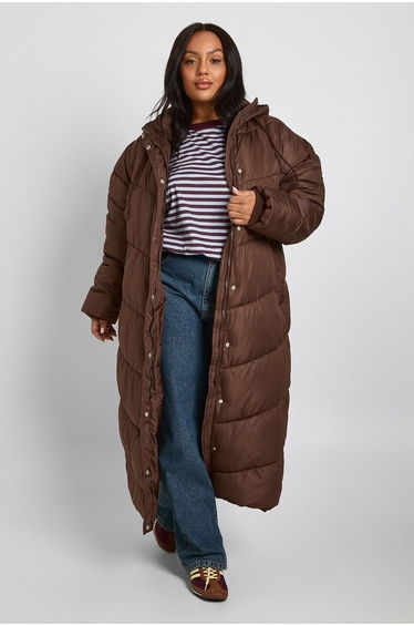 Plus Hooded Quilt Detail Maxi Puffer - chocolate
