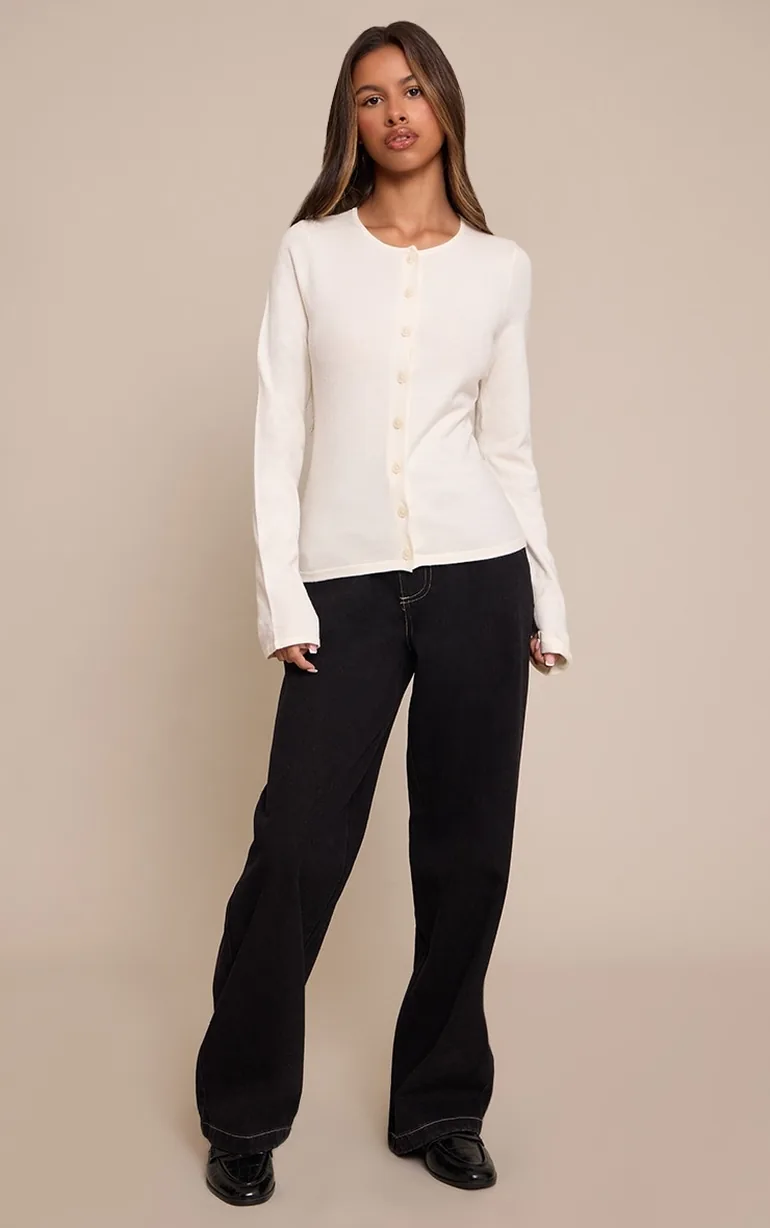 Petite Cream Button Through Fine Knit Cardigan