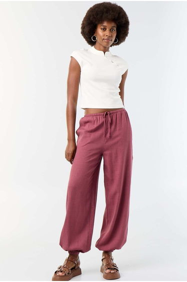 Solid Color Balloon Fit Trousers with 2 Pockets PINK