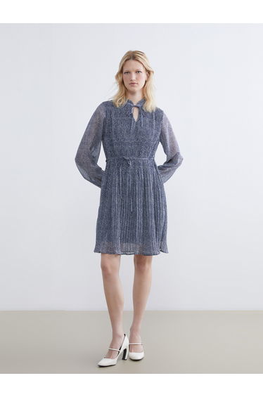 Tie Collar Patterned Chiffon Mini Dress