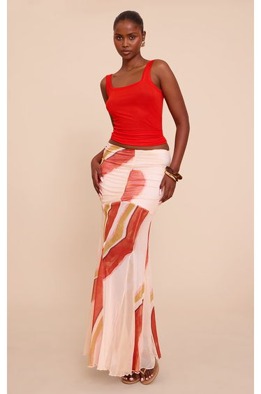Beige Printed Mesh Overlay Maxi Skirt