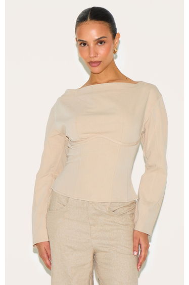 Petite Stone Woven Cinched Waist Detail Long Top