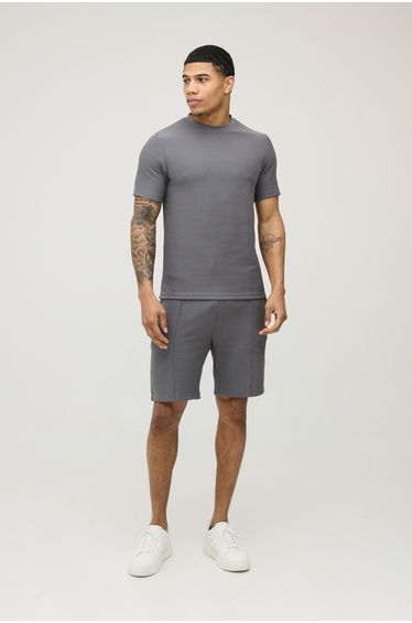 Slim Fit Ribbed Jersey T-Shirt & Shorts Set - charcoal