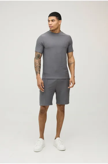 Slim Fit Ribbed Jersey T-Shirt & Shorts Set - charcoal