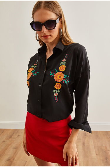 Women's Orange Floral Black Embroidery Detailed Oversize Woven Shirt