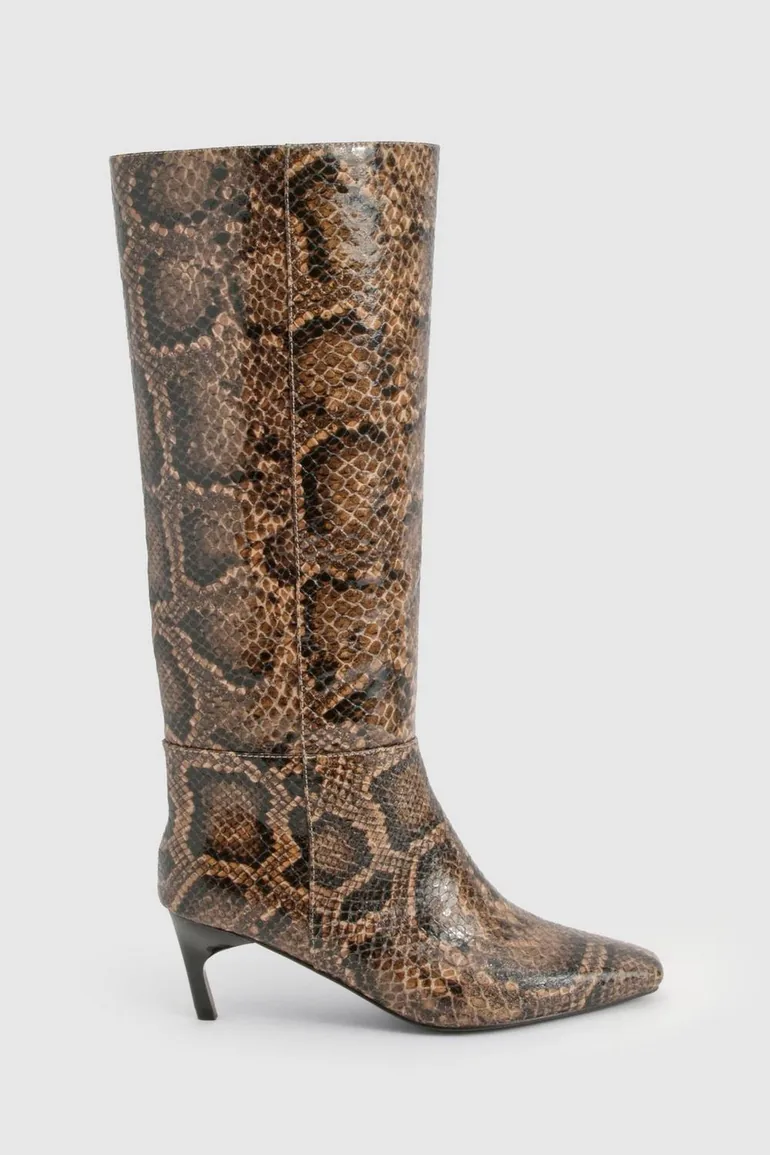 Snake Print Low Square Toe Knee High Boots - snake - 2