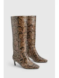 Snake Print Low Square Toe Knee High Boots - snake - 1