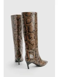 Snake Print Low Square Toe Knee High Boots - snake - 3