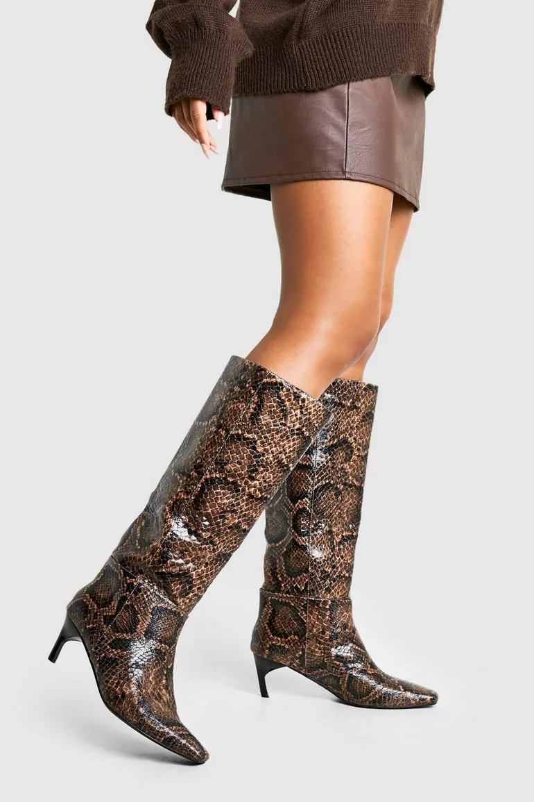 Snake Print Low Square Toe Knee High Boots - snake