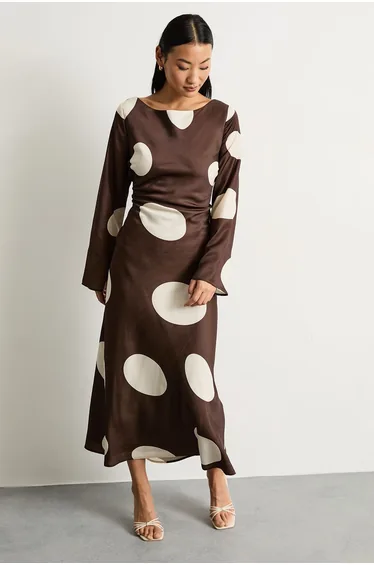 Petite Polka Dot Scoop Back Long Sleeve Maxi Dress