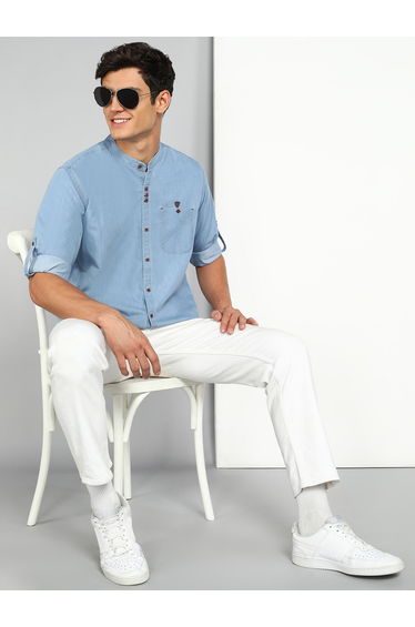 Men Blue Denim Mandarin Collar Shirt