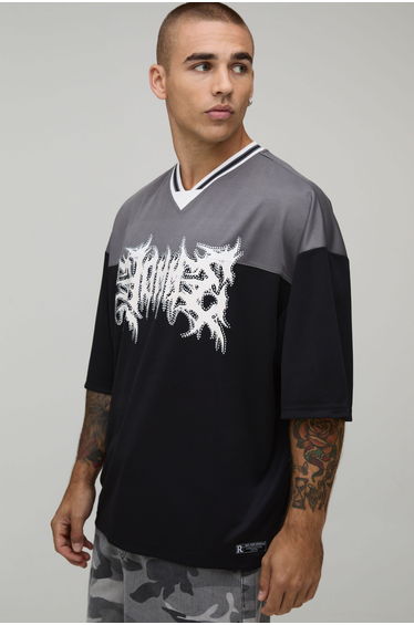 Oversized Grunge Varsity Mesh V Neck Baseball T-Shirt - black