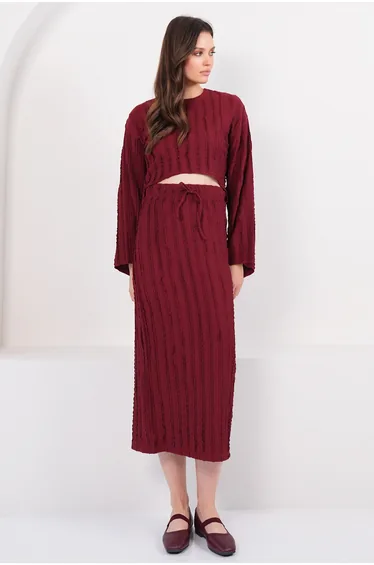 Burgundy Asymmetrical Cut Blouse and Skirt Set with Stitching Detail