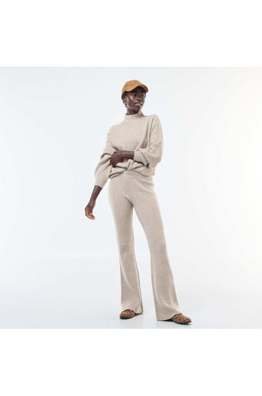 Long-Sleeved Ribbed Sweater with High Neck BEIGE