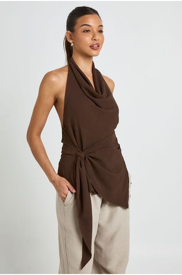 Hammered Halter Cowl Tie Side Drape Blouse - chocolate