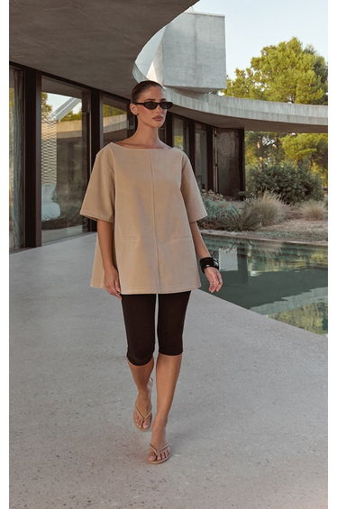 Sand Faux Suede Oversized Boxy Detail Structured Top