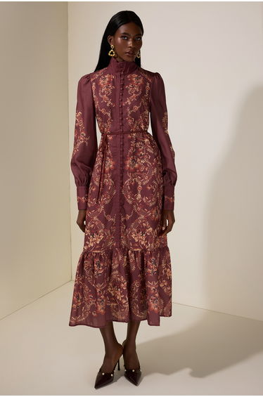 Floral Single Breasted Lantern Sleeve Midi Dress
