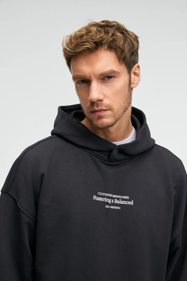 GRIMELANGE CLAY Men's 100% Cotton Hooded Snap Button Printed Pocket Decorative Label Anthracite Sweatshirt - 3