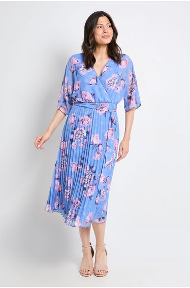 Floral Polka Dot Mix Pleated Midi Dress