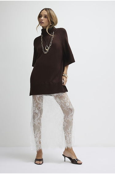 Brown Hybrid Lace Hem Dress
