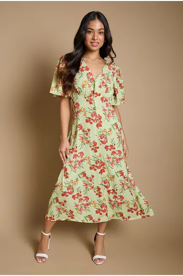 Petite Green Floral Button Front Angel Sleeve Tie Back Midi Dress