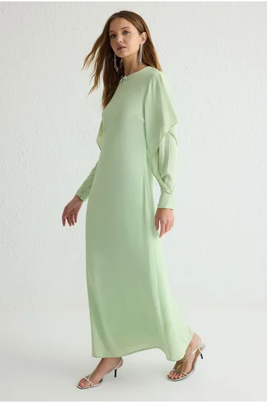 Light Green Flounce Detail Woven Satin Evening Dress