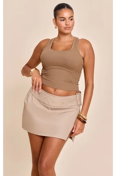 Plus Taupe Belt Detail Wrap Mini Skirt