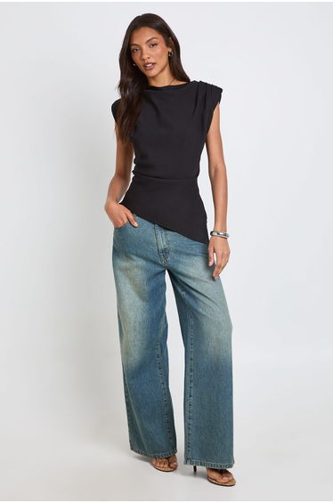 Tall Gathered Shoulder Pad Asymmetric Blouse - black