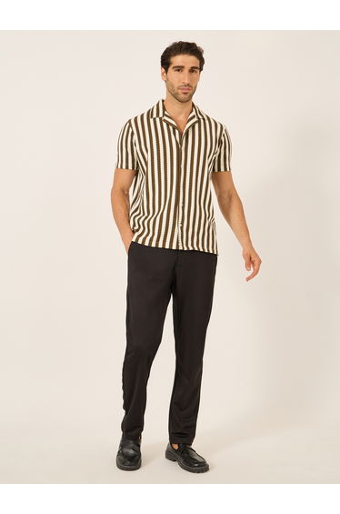 Men Brown Striped Short Sleeve Regular Fit Shirt