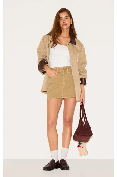 Washed Khaki Denim Mini Skirt