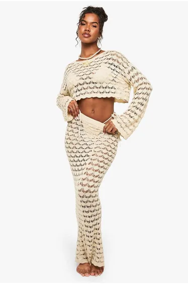 Crochet Beach Maxi Skirt - stone