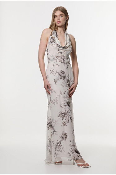 Sheer Viscose Georgette Sketchy Floral Deep V Woven Halter Neck Dress
