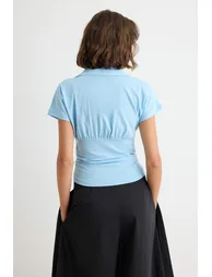 Light Blue Fitted Polo Neck Short Sleeve Gathered 100% Cotton Knitted Blouse - 3