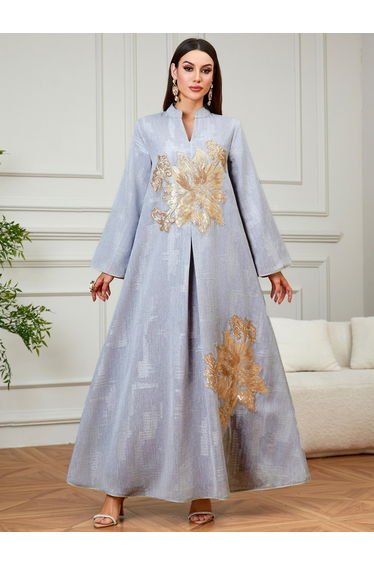 Grey Embroidered Collared A-Line Jalabiya