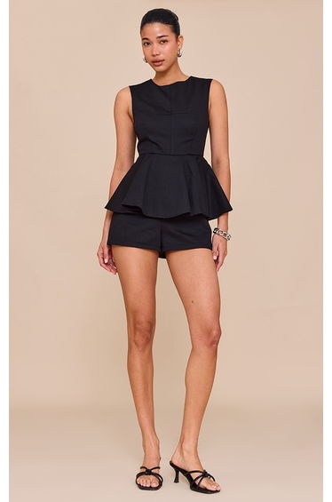 Black Cotton Peplum Skort Playsuit