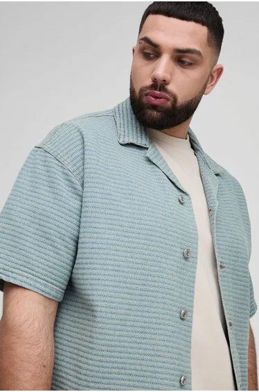 Plus Jacquard Denim Boxy Oversized Revere Shirt - light wash