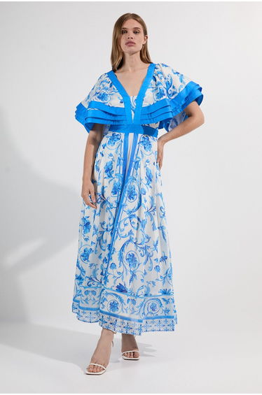 Organdie Ruffle Sleeve Plunge Neck Floral Print Woven Maxi Dress