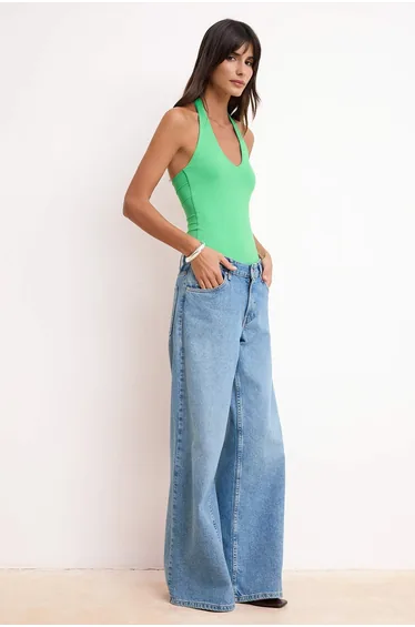 Green Bodycon Pool Collar Sleeveless Backless Snap Fastener Polyamide Knitted Bodysuit