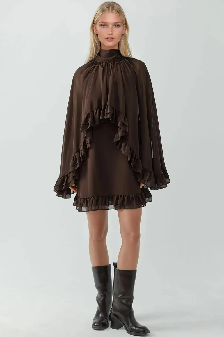 Elegant Turtleneck Mini Dress with Ruffle Detail HiCCUP Brown : Party Dresses : VogaCloset Oman Elegant Turtleneck Mini Dress with Ruffle Detail HiCCUP Brown : Party Dresses : VogaCloset Oman