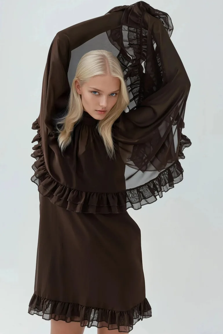 Elegant Turtleneck Mini Dress with Ruffle Detail HiCCUP Brown : Party  Dresses : VogaCloset Oman
