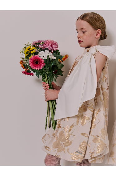 Jessie And James Girls Abstract Floral Jacquard Dress in Gold